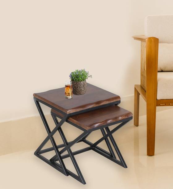Aadhar Square Black & Honey finish End Table for living room, with wooden top Metal Side Table