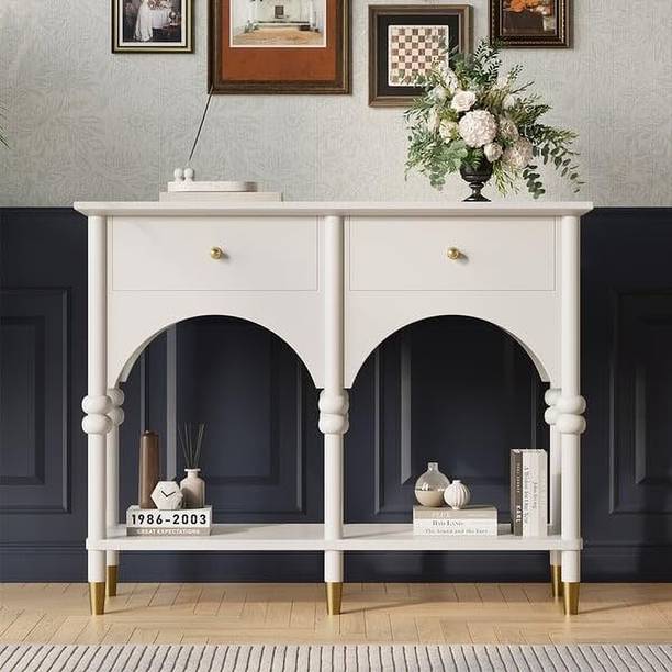 NG Decor Wooden White Entryway Console Table with Two Drawers and