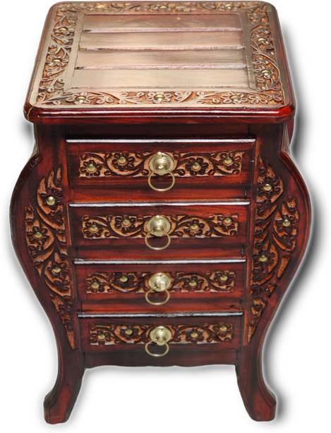 manzees Antique Wooden Handmade Carved Bed Side Table with 4 Drawers, Side Table Solid Wood Bedside Table