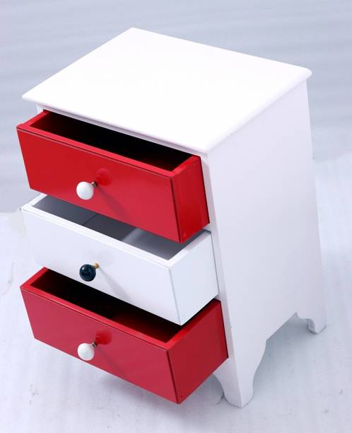 Allie Wood Wooden Bedside End Table with 3 Drawer for Living Room (Red and White) Engineered Wood Bedside Table