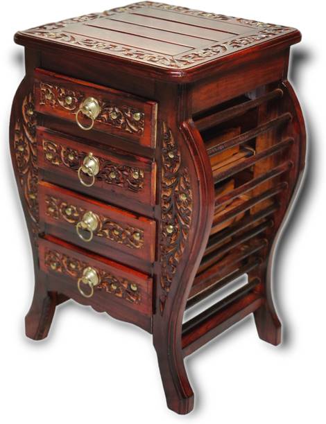 manzees Premium Wooden Floral Carved Bedside Table with 4 Storage Drawer, Bed Side Table Solid Wood Bedside Table