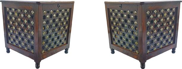 Smarts collection Beautiful Antique Wooden Storage Table with Brass Cutting Design for Living Room Engineered Wood Bedside Table