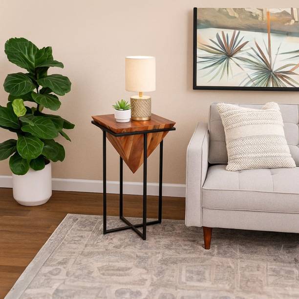 WOODBRO (10×10×27)" Wooden Pyramid Shape Side Table with Cross Metal Base Brown & Black Solid Wood Side Table