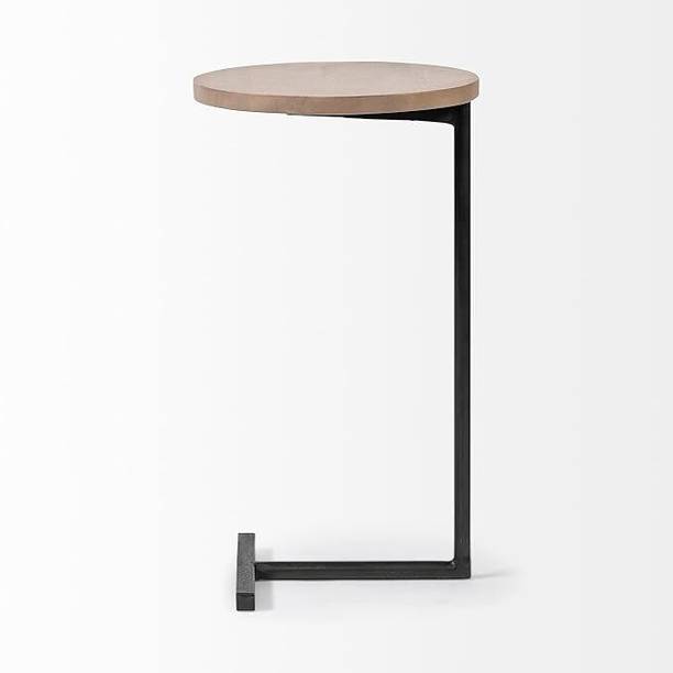 JPIRONS Modern Round Side Table, Wooden Top with Metal Base, C-Shaped Pedestal Design Metal Side Table