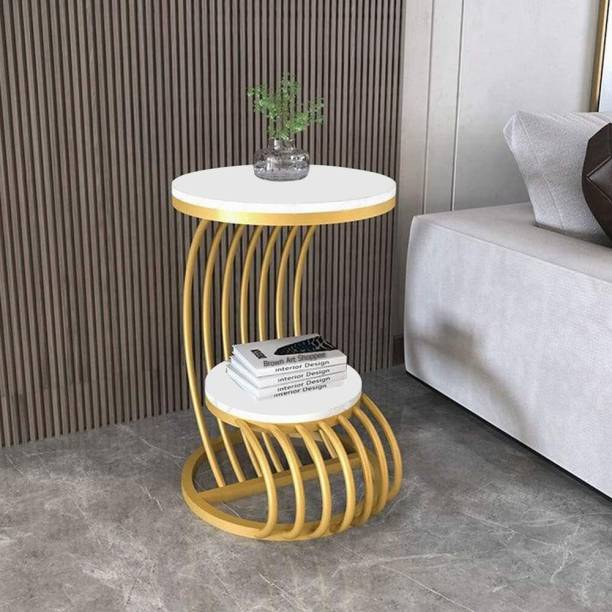 manzees Coffee Table Simple Modern Bedside Cabinet Small Round Table MDF Top Metal Table Solid Wood Side Table