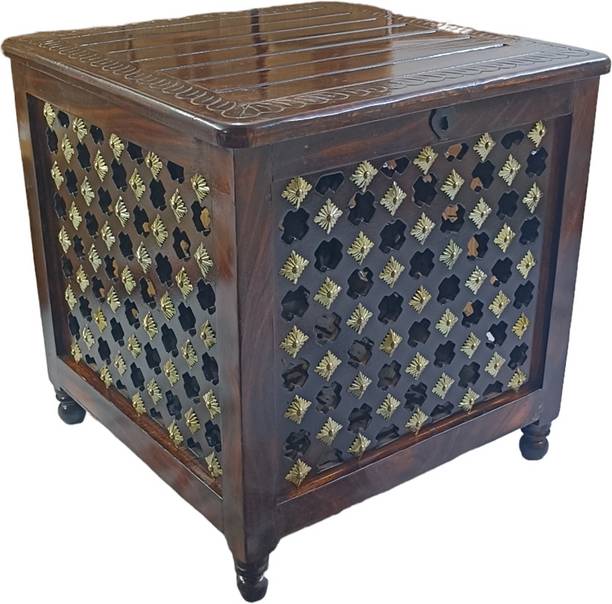 Giftoshopee Beautiful Antique Wooden Storage Table with Brass Cutting Design for Living Room Engineered Wood Bedside Table