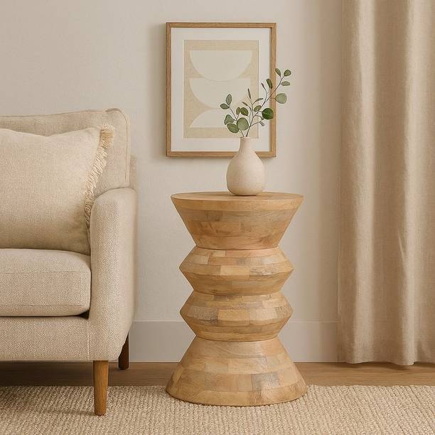 Furniza Natural Finish Sculpted Wooden Side Table – Contemporary Accent Table Solid Wood Bedside Table