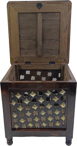 Giftoshopee Beautiful Antique Wooden Storage Table with Brass Cutting Design for Living Room Engineered Wood Bedside Table