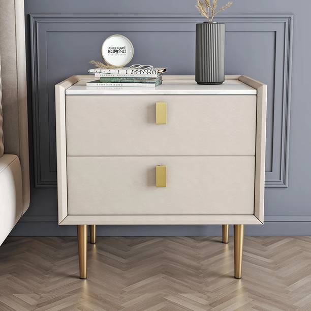 KDINTERIORS Modern Nightstand with 2 Drawers PU Leather Side Table/End Table Metal Bedside Table
