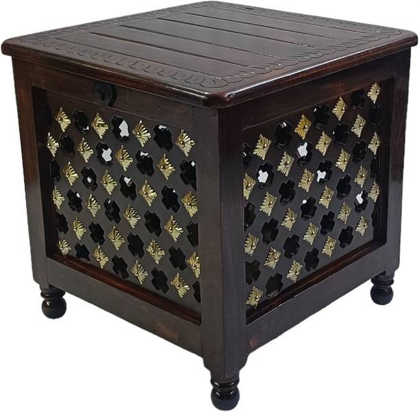house of common Beautiful Antique Wooden Storage Table with Brass Cutting Design for Living Room Engineered Wood Bedside Table