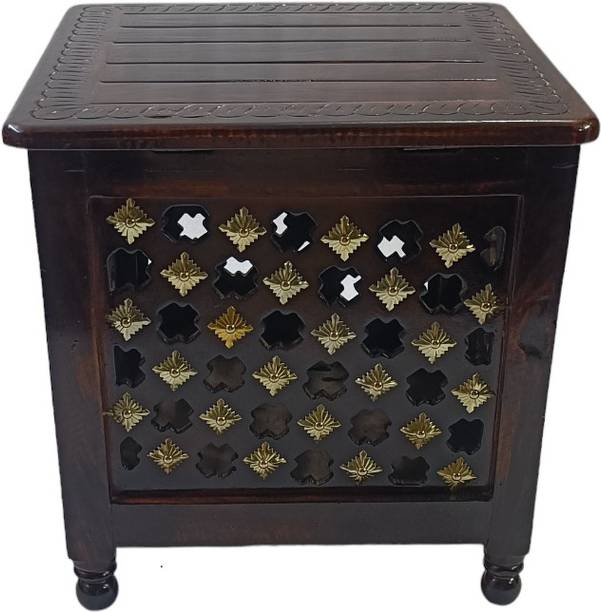 house of common Beautiful Antique Wooden Storage Table with Brass Cutting Design for Living Room Engineered Wood Bedside Table