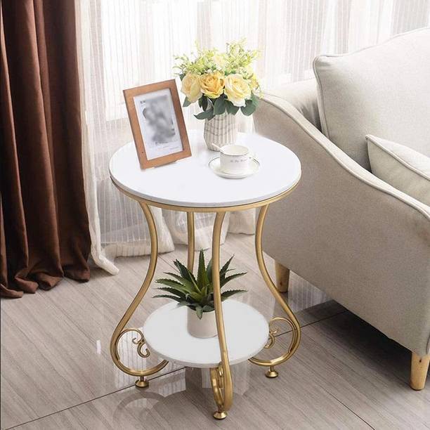woodcarving Round Side Table with MDF Marble Top & Metal Frame | 40x51 cm for Corner Solid Wood Coffee Table