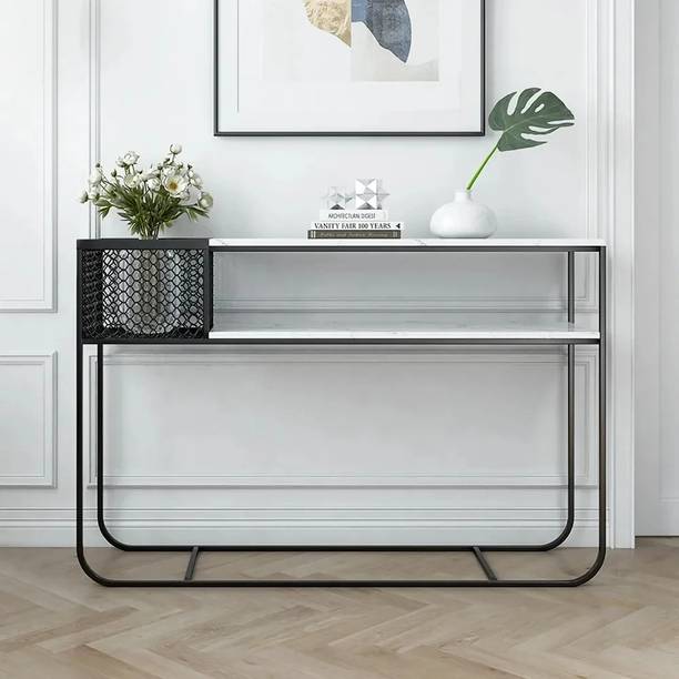 KDINTERIORS Rectangle Console Table with White Marble on Top and Bottom Stone Console Table