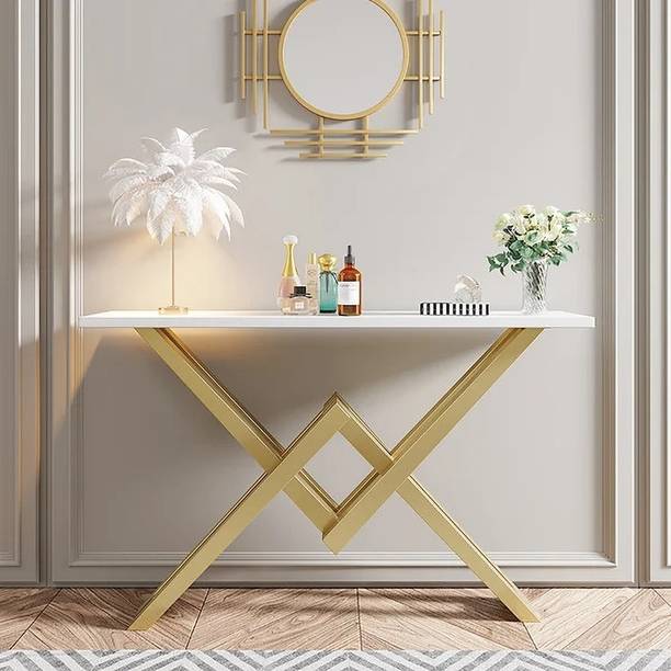 KDINTERIORS Narrow Rectangle White Console Table with Wooden Top and Gold Metal Base Engineered Wood Console Table