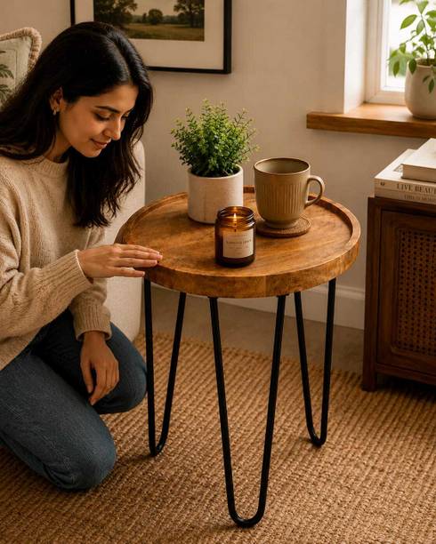 HOMEY CRAFTS Wooden Top Side Table Metal Side Table