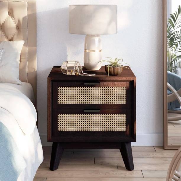 Misan Rattan Cane & Storage Drawer Solid Wood Bedside Table