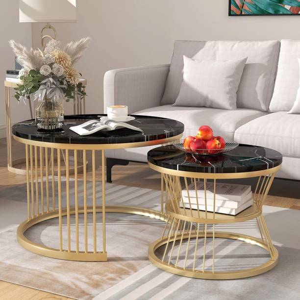 Creation Art Metal Frame Engeering Wood Round Top Set of 2 Coffee Table , Center Table , Metal Bedside Table