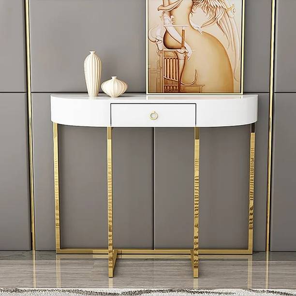 KDINTERIORS White Demilune Merino Laminate Wood Console Table with Storage Drawer Solid Wood Console Table