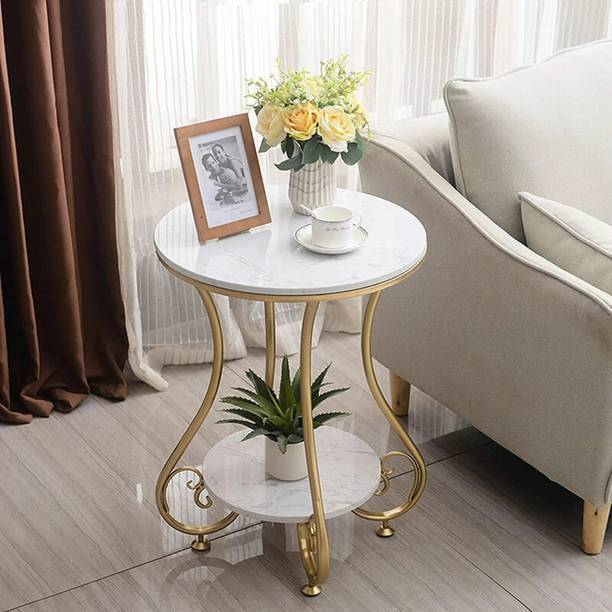 Rahat Handicraft Round Side Table Gold Metal Frame, 2 Tier Coffee Table For Living Room Bedroom Metal Bedside Table