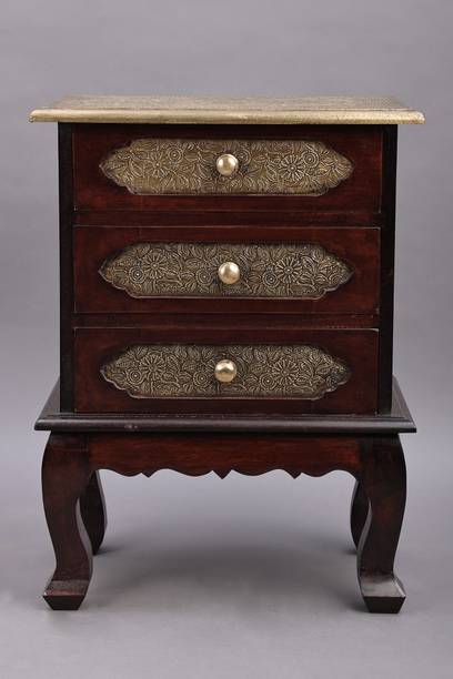 monika art Wood & Brass 3 drawer Bedside Table Solid Wood Bedside Table