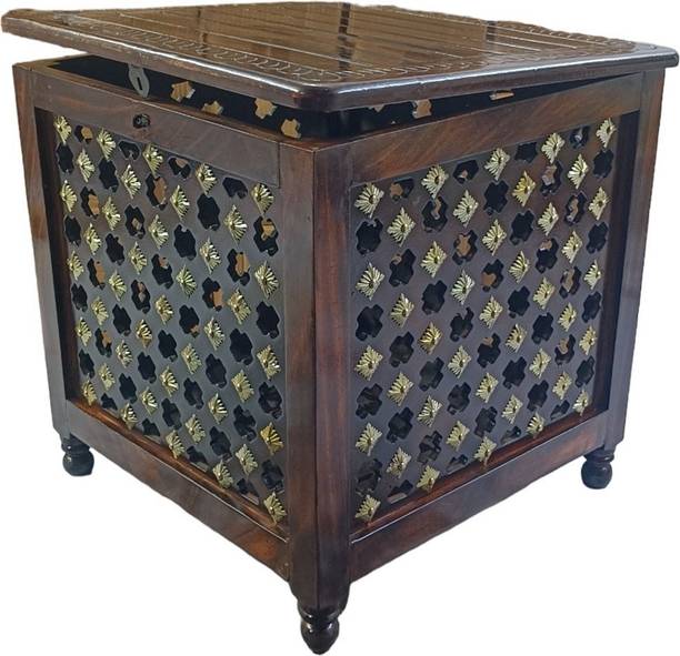 Smarts collection Beautiful Antique Wooden Storage Table with Brass Cutting Design for Living Room Engineered Wood Bedside Table