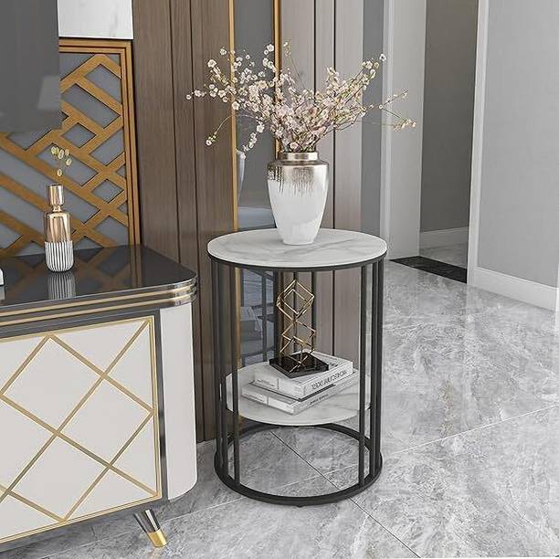 FurniRich Black Finish & Marble Look MDF Shelves – Ideal for Living Room & Bedroom Metal Side Table
