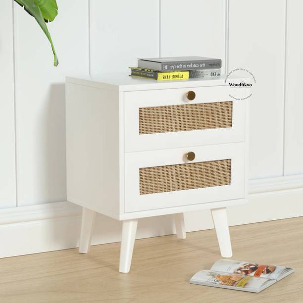 WOODUKOO Cassido Cane/Rattan 2-Drawers Nightstand Solid Wood Bedside Table