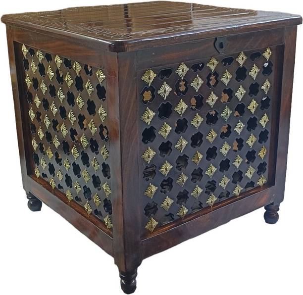 house of common Beautiful Antique Wooden Storage Table with Brass Cutting Design for Living Room Engineered Wood Bedside Table