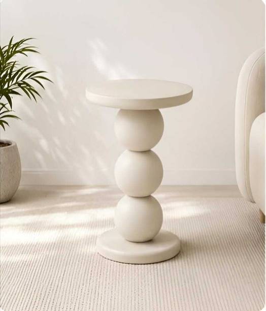 KraftShilp Mira White Finish Solid Wood Side Table | Round Sculptural End Table | Solid Wood Side Table