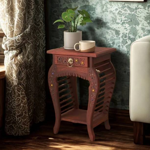 ENIQE STORE Handmade Carved Bedside Table/End Table for Living Room and Bedroom/Drawer Stool Solid Wood Bedside Table