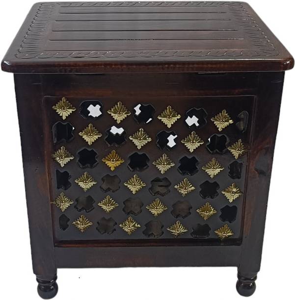 Giftoshopee Beautiful Antique Wooden Storage Table with Brass Cutting Design for Living Room Engineered Wood Bedside Table
