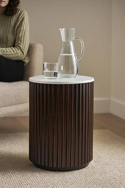 SHIVAYAS Luxury Round Wooden Side Table with Marble Top, Solid Wood Accent End Table Solid Wood Side Table