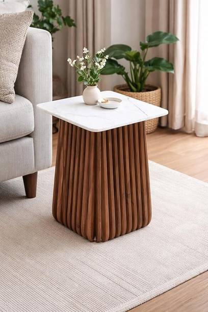 SHIVAYAS Luxury Square Wooden Side Table with Marble Top for Living Room & Bedroom Solid Wood Side Table