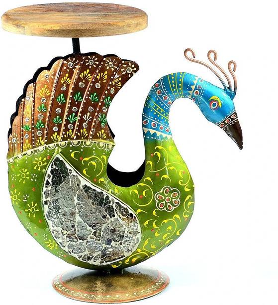 Medieval Arts Metal Handpainted Peacock Shape Showpiece Wooden Top Metal End Table