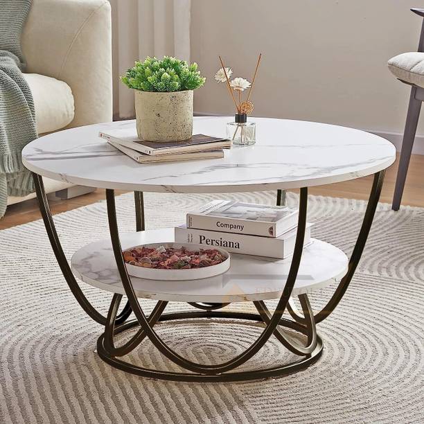 Yusha handicrafts Round Coffee Table with Gold Metal Base with Marble Look Wooden top Engineered Wood End Table