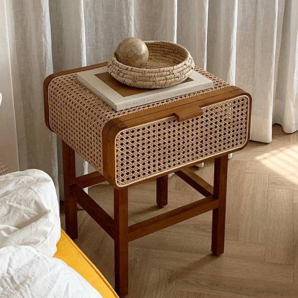 Shagun Arts HEXA Rattan Woven Cane Webbed Solid Sheesham Wood Side Table For Bedroom || Solid Wood Side Table