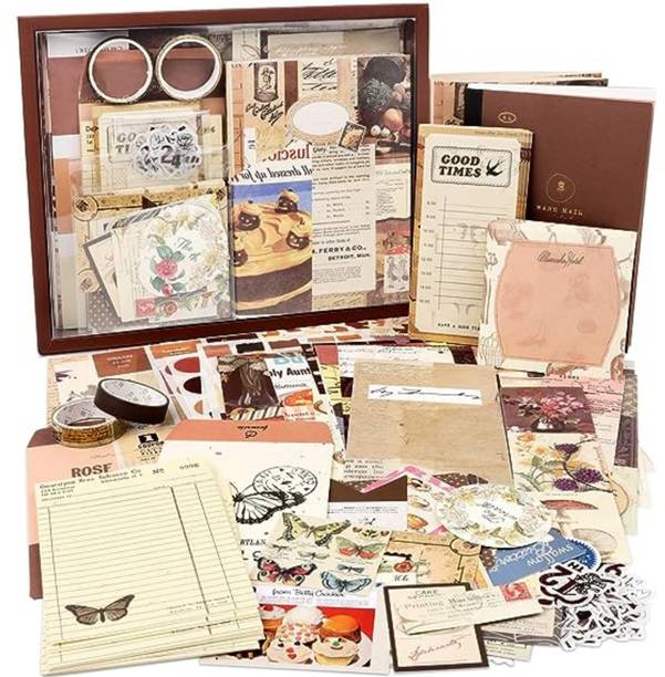 TREXEE 346pc Beige Vintage Scrapbook & Sticker, Decoration Paper Art Bullet Journal Kit Silhouette Paper Sheet