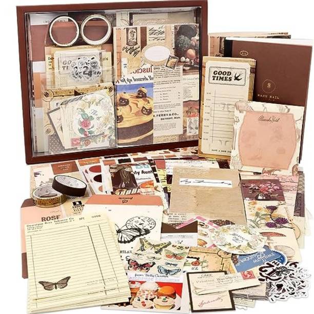 TREXEE 346pc Beige Vintage Scrapbook & Sticker, Decoration Paper Art Bullet Journal Kit Silhouette Paper Sheet