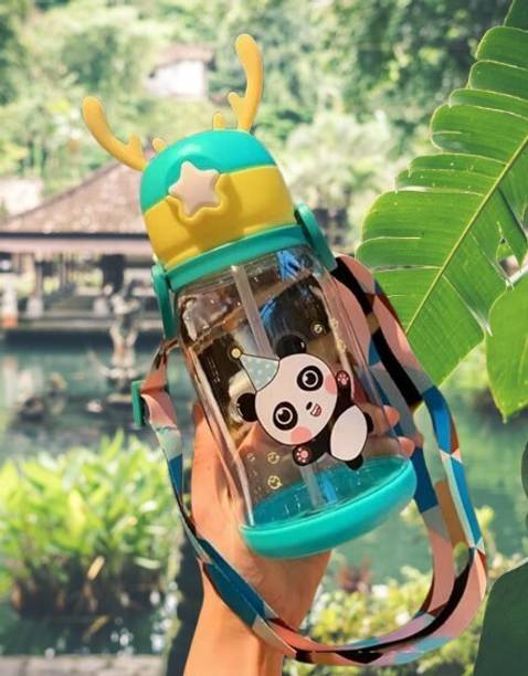 Swilco Cartoon Design Water Bottle with Straw & Strap B...