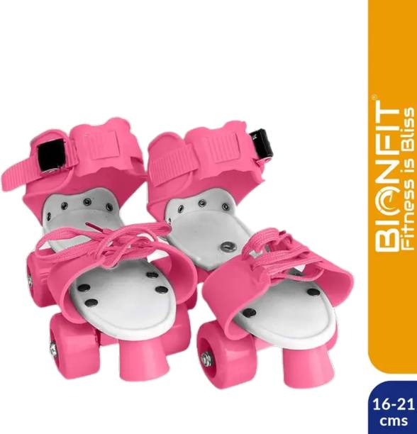 BIONFIT Adjustable Kids Skates Premium Wheel, Toe Brake, Power Safety Strap for 3-7 year Quad Roller Skates - Size 7-13 UK