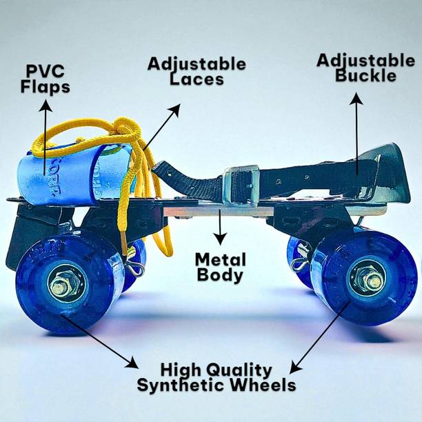 Fusion Sports Adjustable Roller Skates, Metal Frame with PVC Flaps, Blue Wheels, Yellow Laces, Quad Roller Skates - Size 8 UK