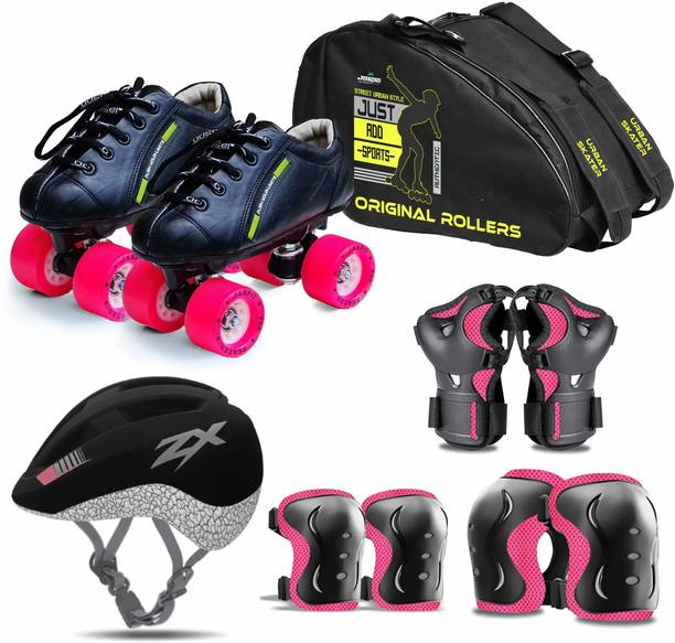Jaspo Skater Girl Pro Shoe Skate Combo(Shoe Skates+ Helmet+Knee+Elbow+Wrist+Bag) (Age 13-14 yrs) Shoe Skates - Size 7 UK
