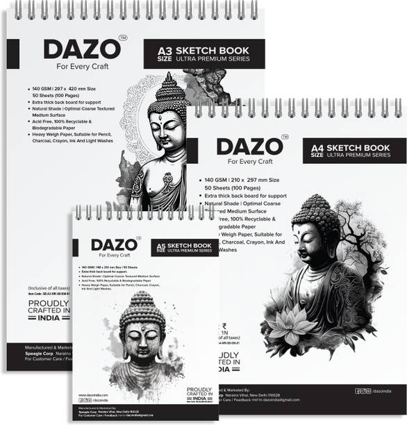 dazo Sketch Book A3, A4 and A5 Combo, 100sheets , 140GSM (Premium Quality) Sketch Pad