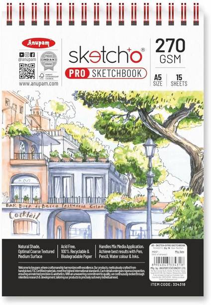 ANUPAM SketchO Pro Sketch Book A5 Acid Free Top Wiro 270GSM Sketchpad for Artists Sketch Pad