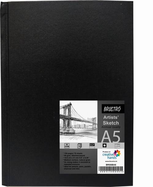 BRuSTRO Artists Stitched Bound Sketch Book, A5 Size, 156 Pages, 90 GSM Sketch Pad