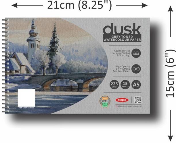 ANUPAM Dusk Grey Watercolour Paper Book - Cold Pressed - Wiro Bound - 225 GSM - A5 Sketch Pad