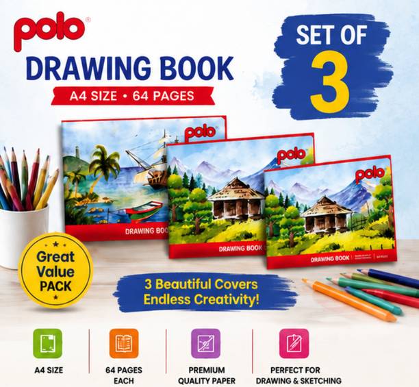 POLO A4 Drawing Book 64 Pages (Set of 3) | Premium Cartridge Paper Sketch Pad
