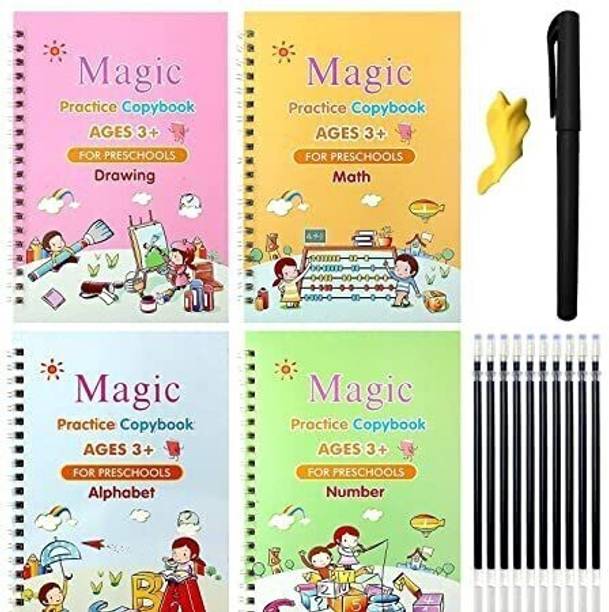 MOOZICO Sank Magic Practice Copybook, Number Tracing Book (4 Book+10 Refill+1Pen+1 Grip) Sketch Pad