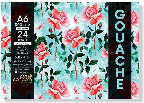 Zen Sangam Express your Mind A6 Artists' Gouache Glued Sketch Paper Pad - 24 Sheets (48 Pages) - 300GSM Cold Pressed Gouache Paper - Gouache Book (Landscape) Sketch Pad