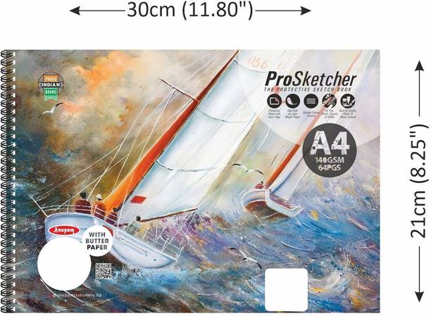 ANUPAM Pro Sketcher Drawing Book with Butter Paper Pages A4 Size Spiral-Bound 140 GSM Sketch Pad
